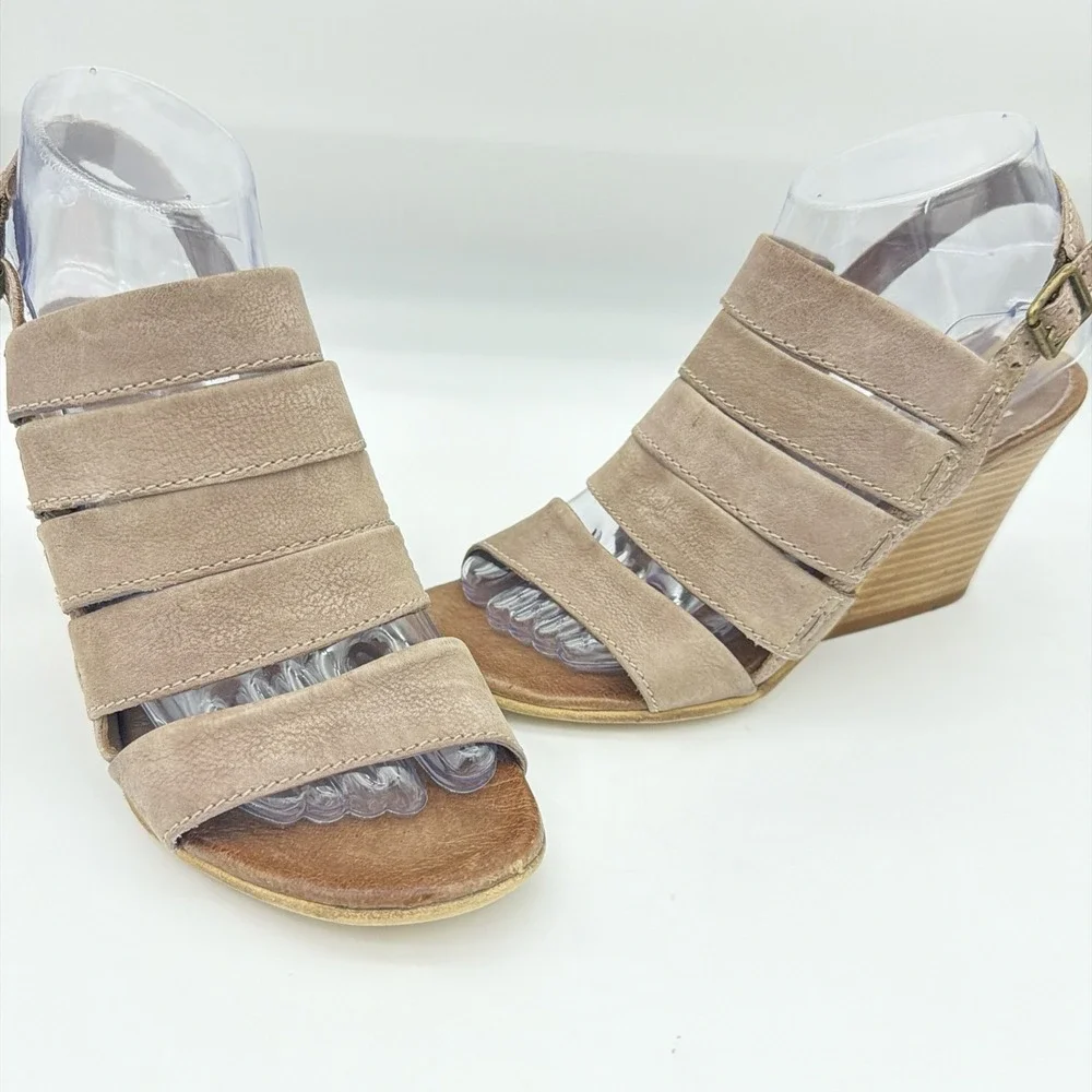 Miz Mooz Leather Slingback Wedge Sandals Open Toe Multi Strap Taupe EU 37